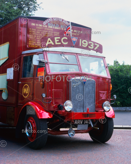  Image shows antique AEC Matador truck, registration ARV 145. Display of vintage transport vehicles Museum Avenue, Cardiff, South Wales. An event as part of the Queens_qt_ Silver Jubilee celebrations.